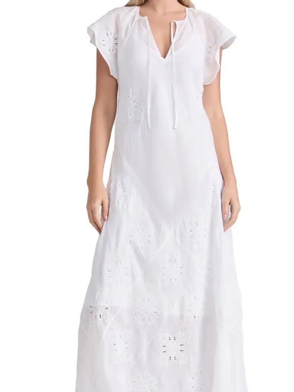rag & bone White Eyelet Midi Dress with Tie Neck